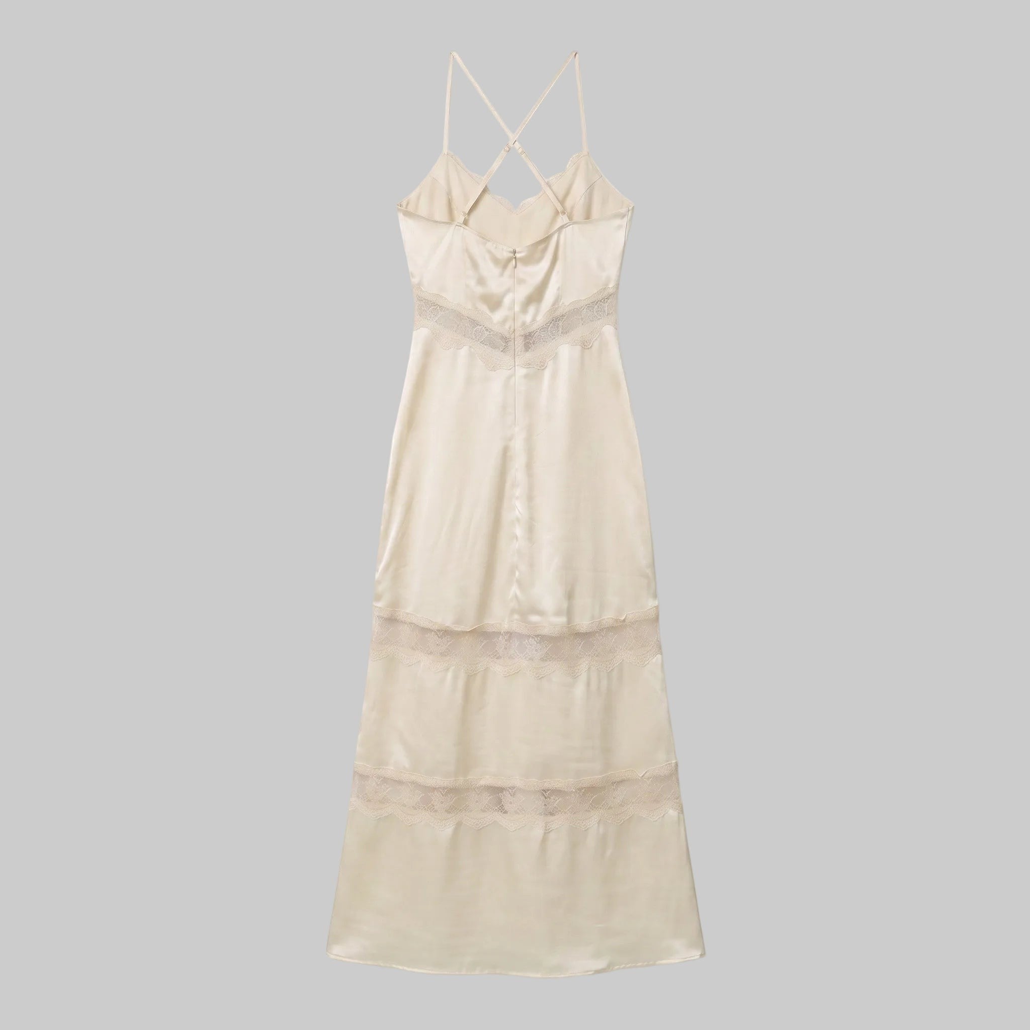 Vintage Lace Trim Satin Slip Maxi Dress in Champagne