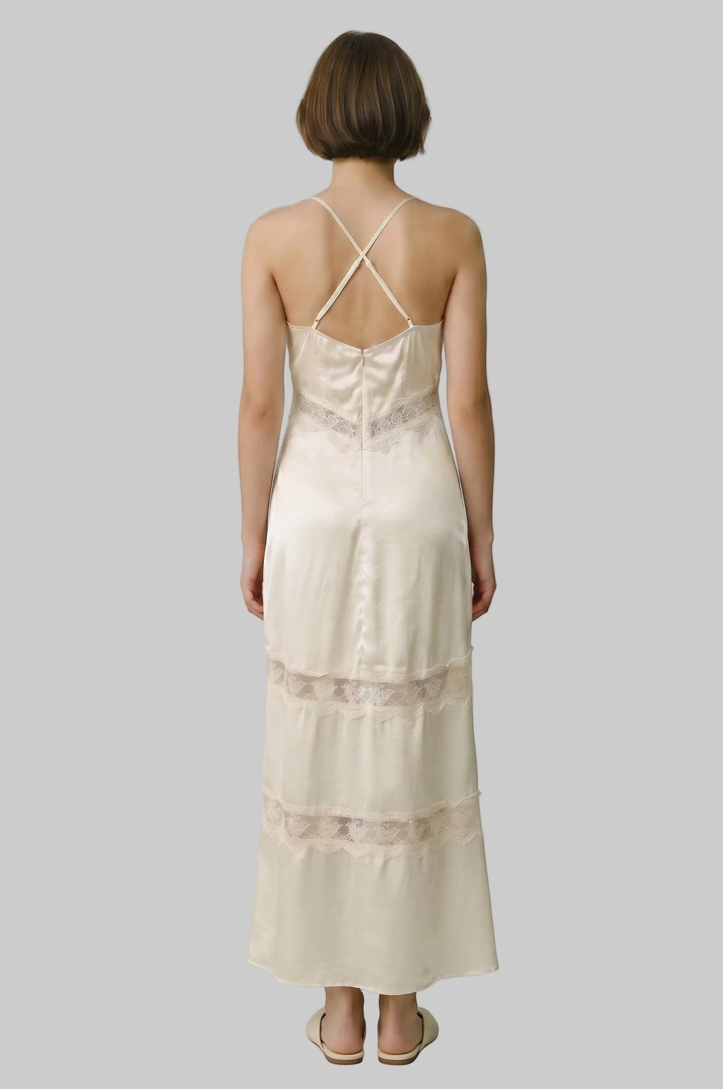 Vintage Lace Trim Satin Slip Maxi Dress in Champagne