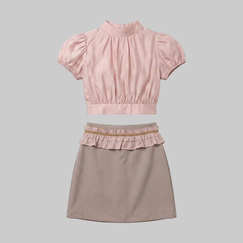 Coquette Puff Sleeve Top and Skirt Two-Piece Set