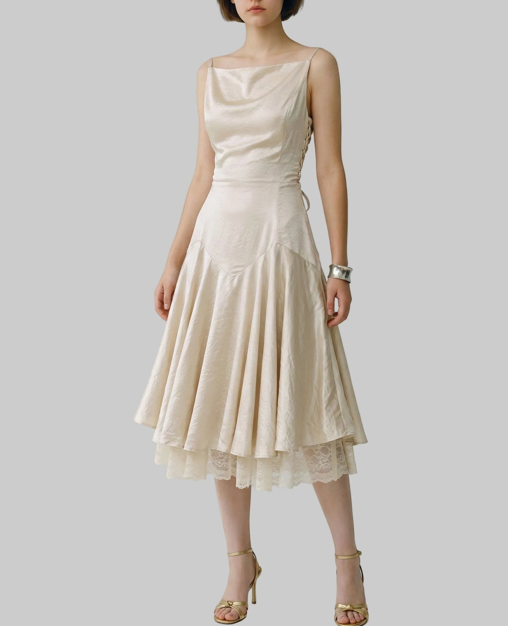 Corset Backless Satin Midi Dress with Layered Lace