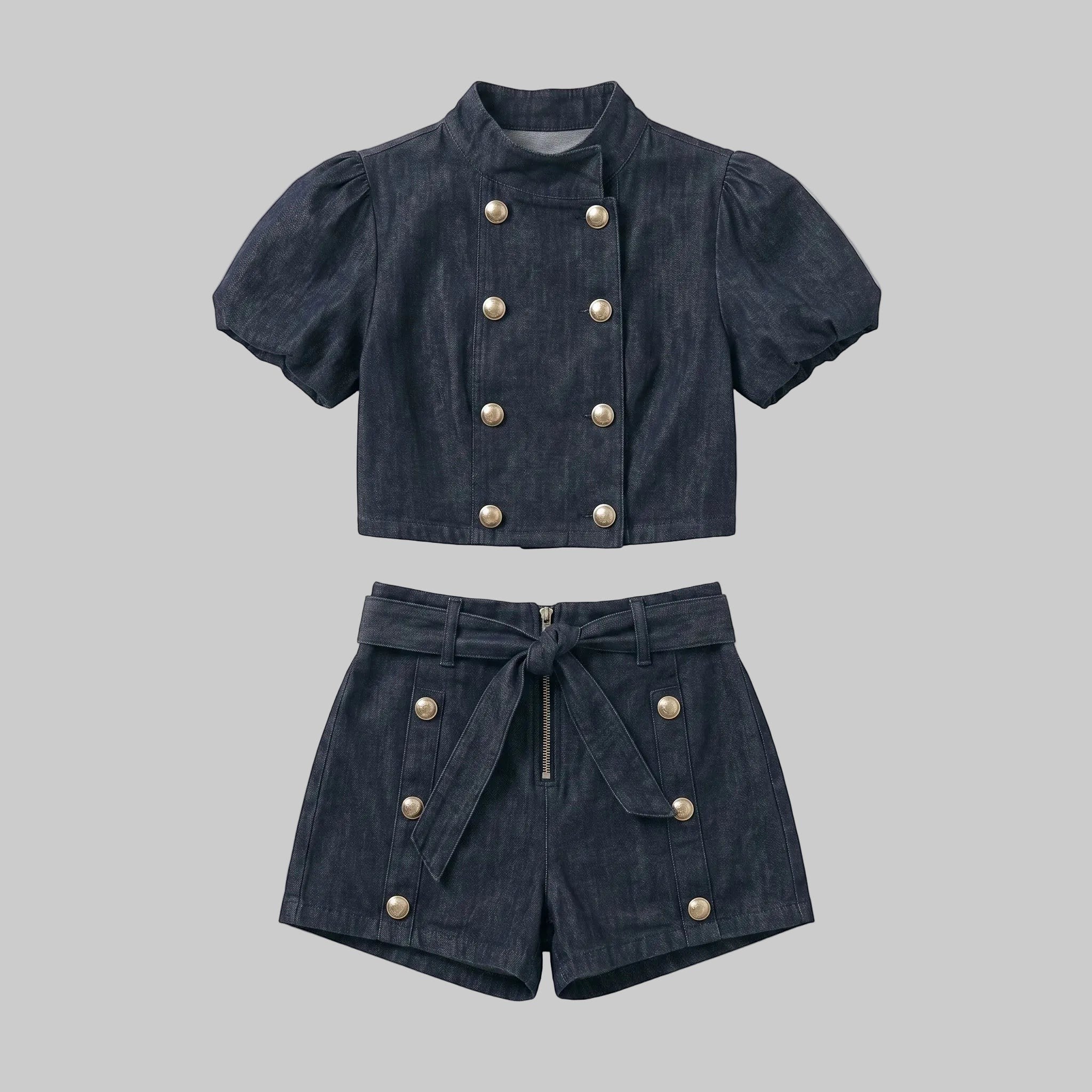 Structured Sailor Button Crop Top & Belted Short Set