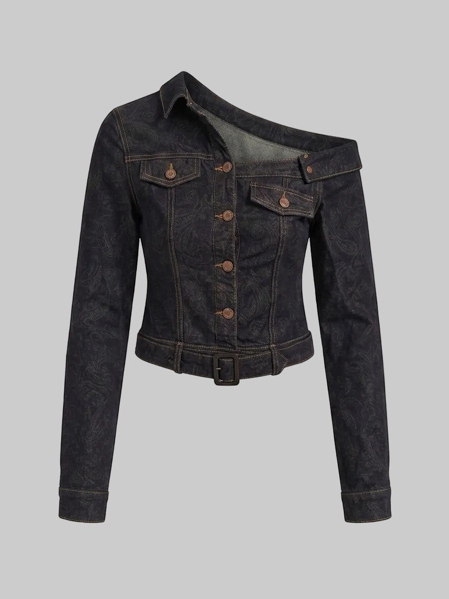 Retro Contrast-Stitch Cropped Denim Top with Gunmetal Hardware