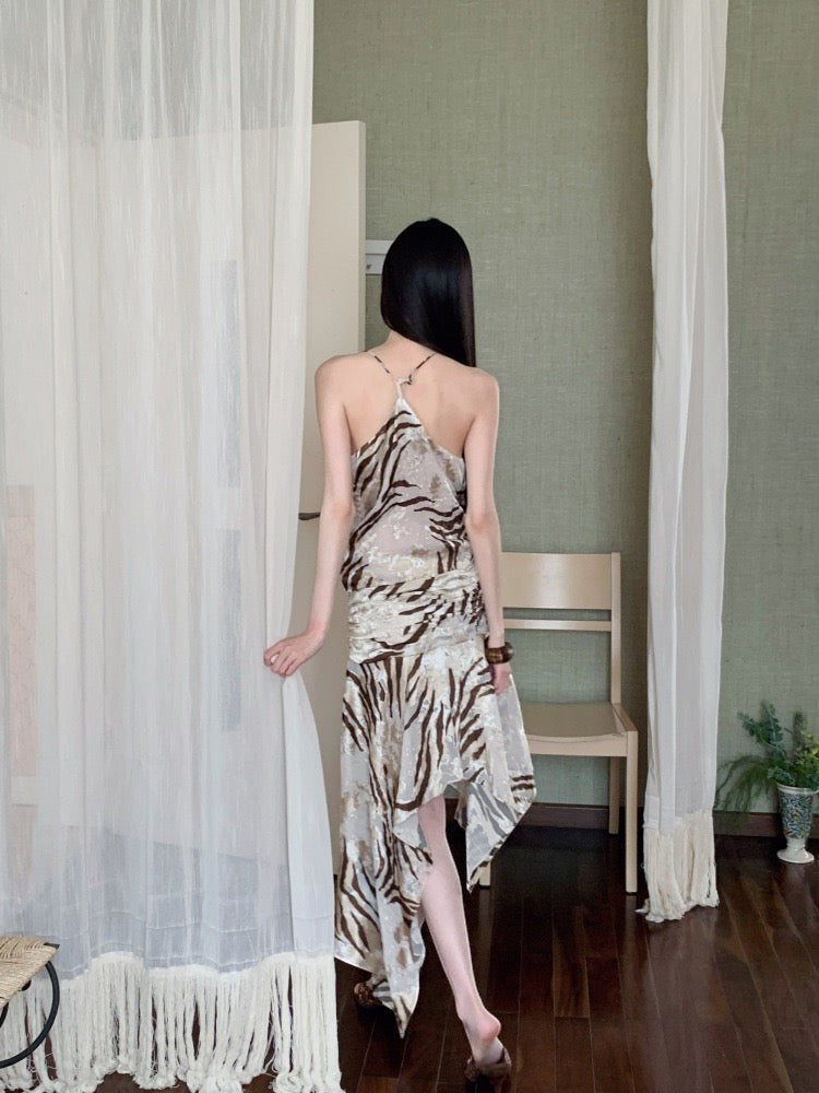 Ethereal Zebra Draped Satin Halter Maxi Dress