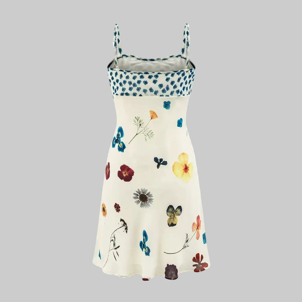 French Retro Floral Patchwork Camisole Slip Mini Dress