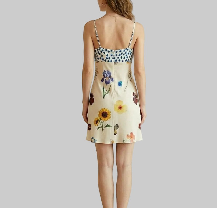 French Retro Floral Patchwork Camisole Slip Mini Dress