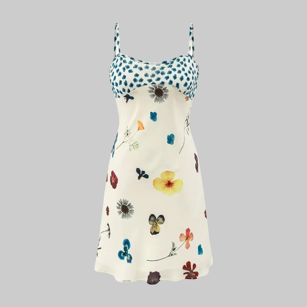 French Retro Floral Patchwork Camisole Slip Mini Dress