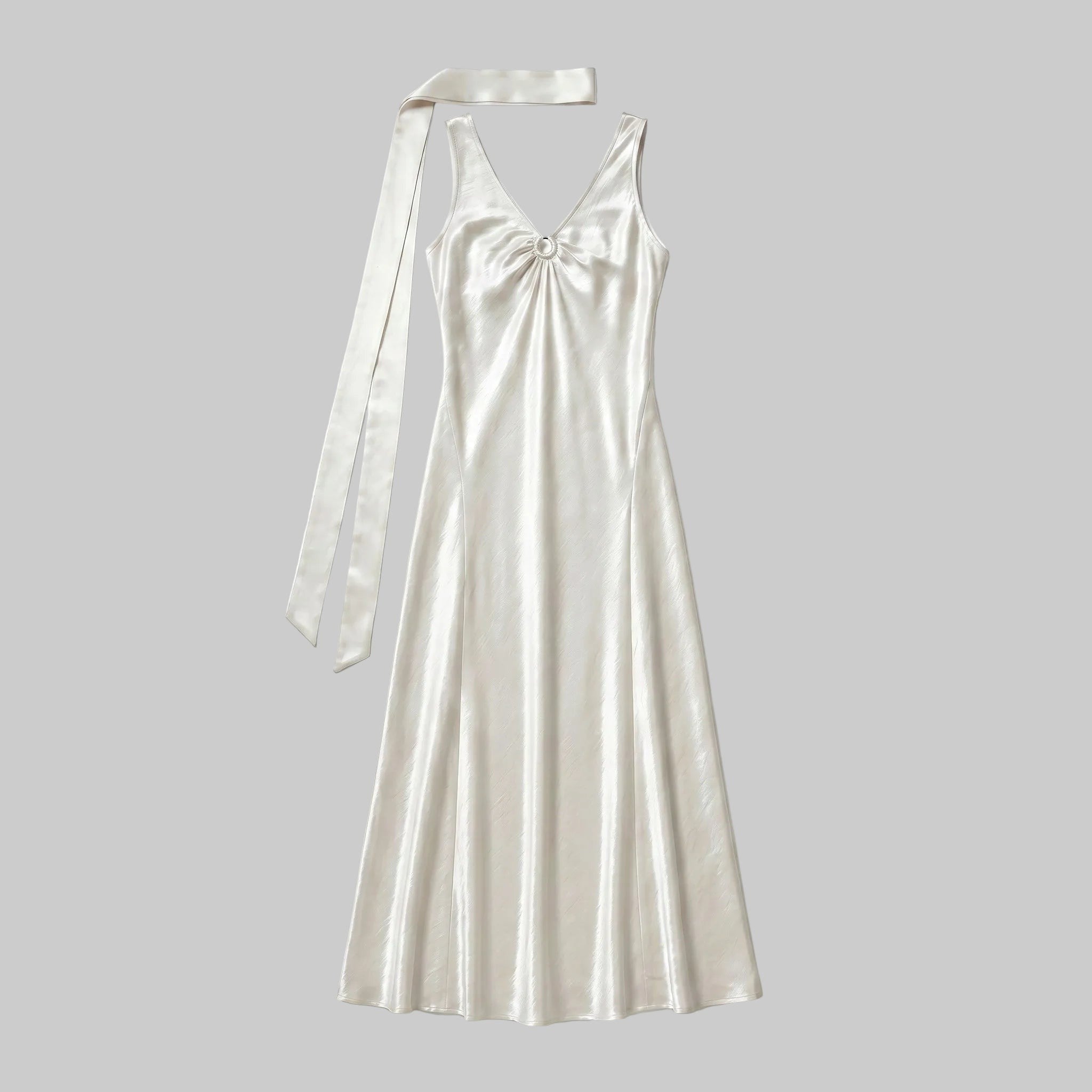 Helena Backless Satin Gown with Matching Neck Tie - Pearl White