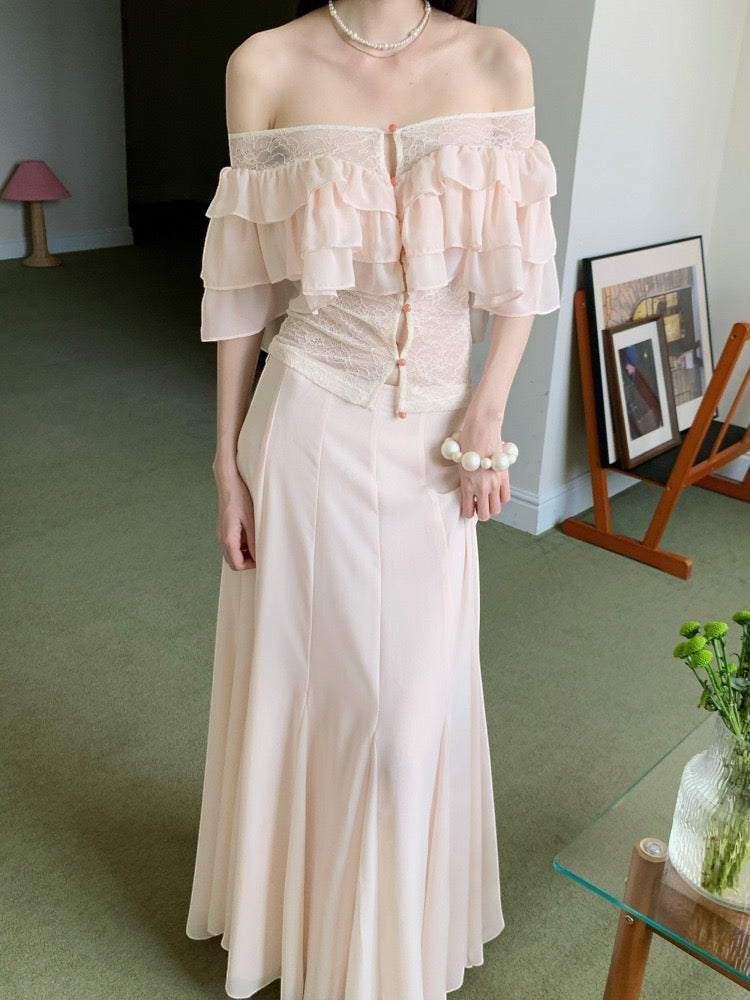 LUNRIA white high-waisted chiffon A-line maxi skirt with a flowy floor-length silhouette and elegant fitted waist.