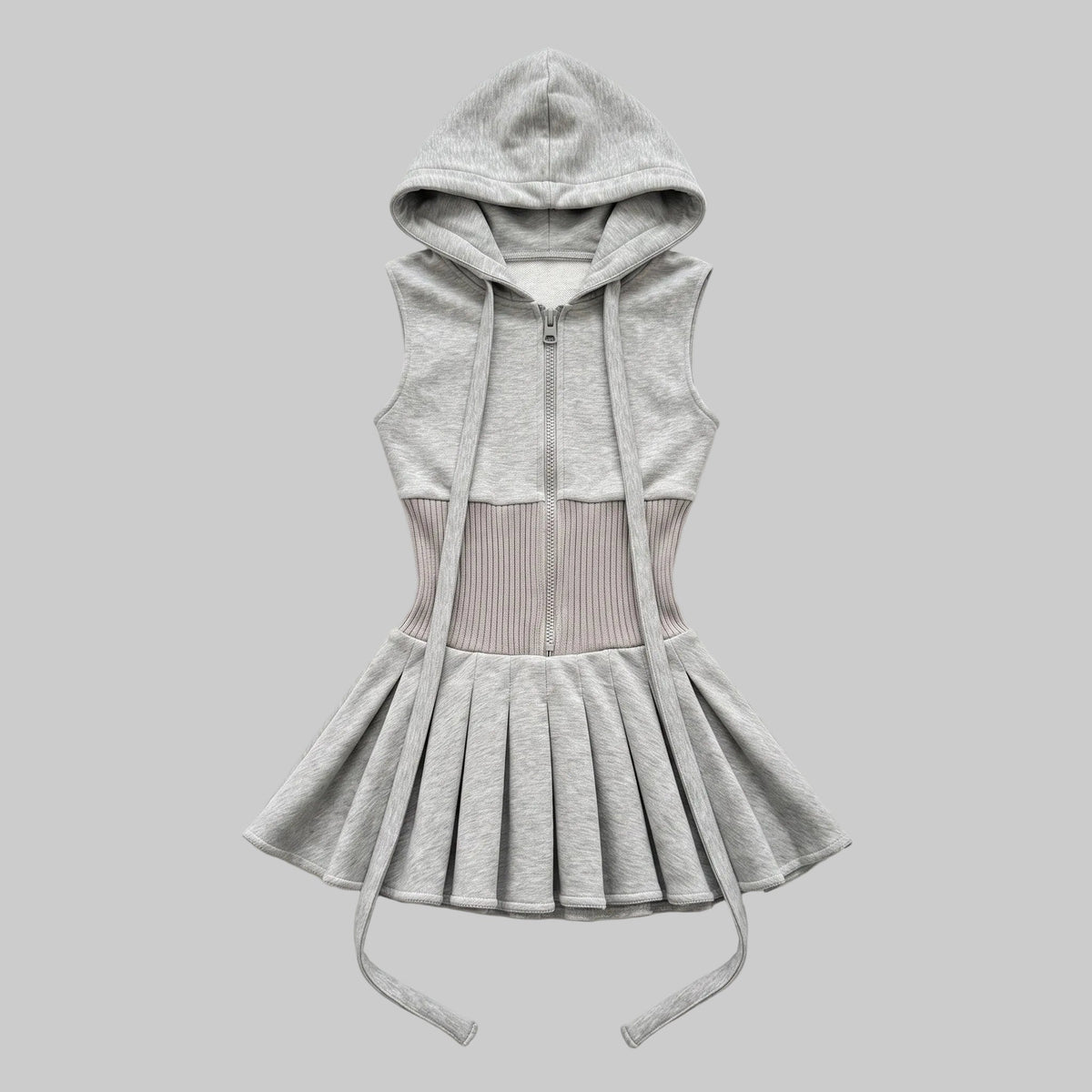 lunria-gray-hooded-pleated-mini-dress