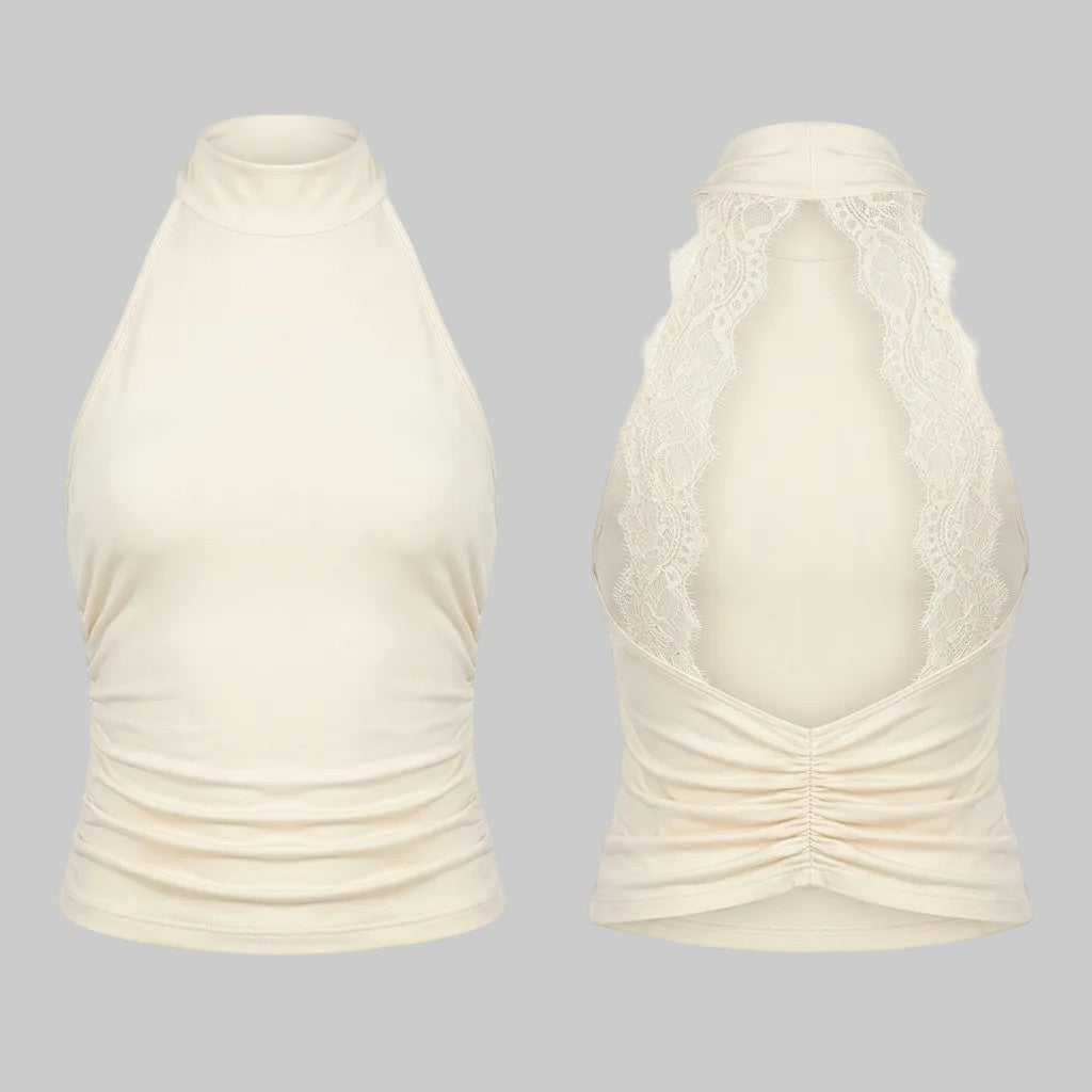 Siren Lace-Trimmed Backless Halter Top in Ivory