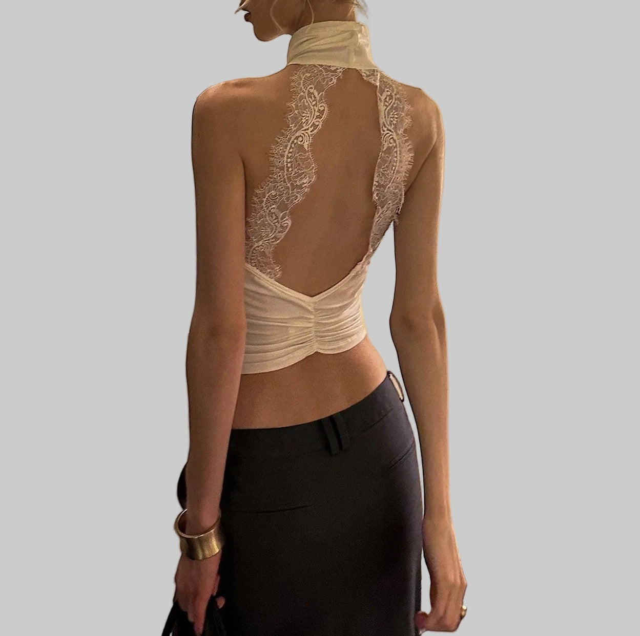 Siren Lace-Trimmed Backless Halter Top in Ivory