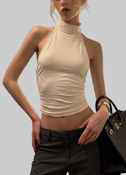 Siren Lace-Trimmed Backless Halter Top in Ivory