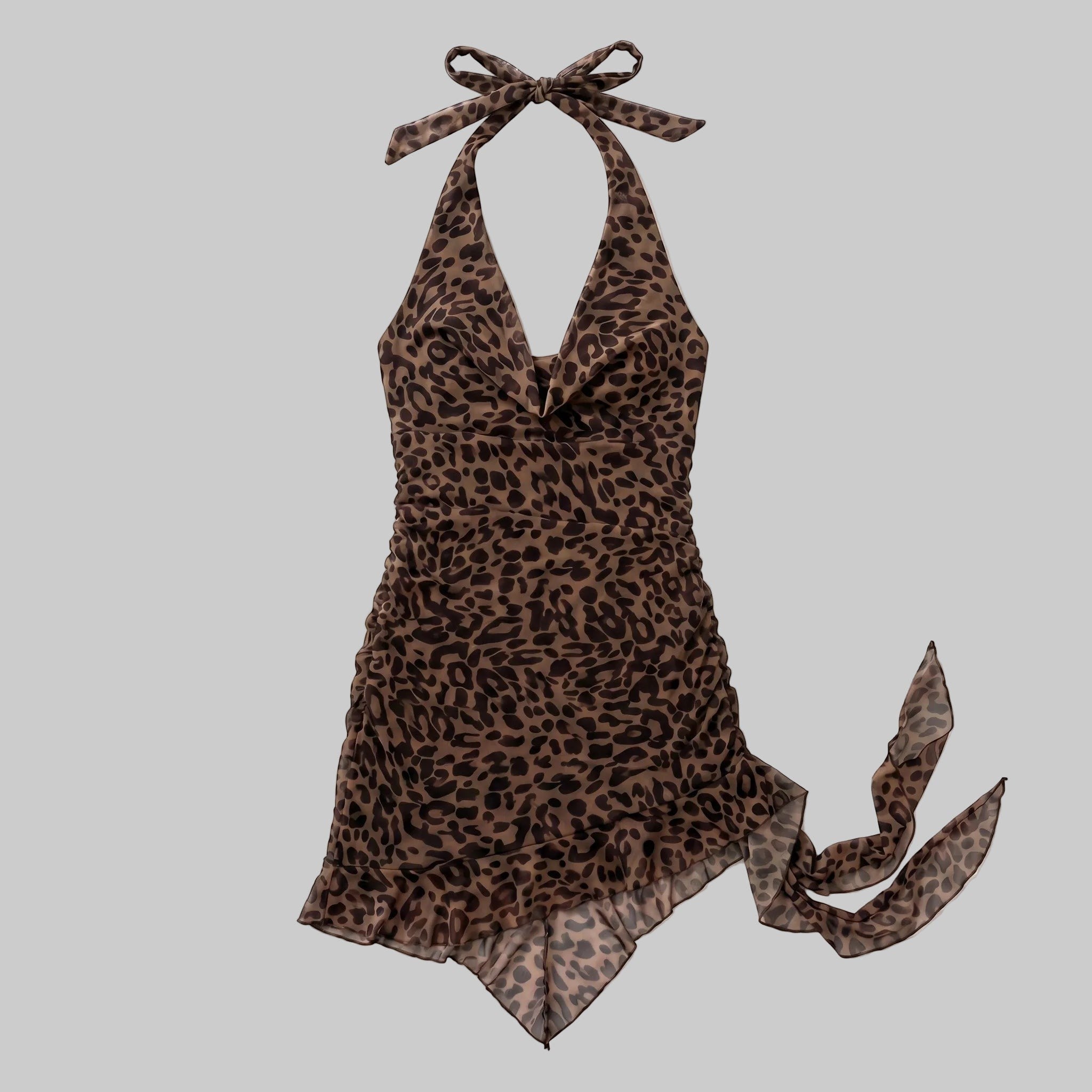 Leopard Print Halter Neck Ruffle Mini Dress