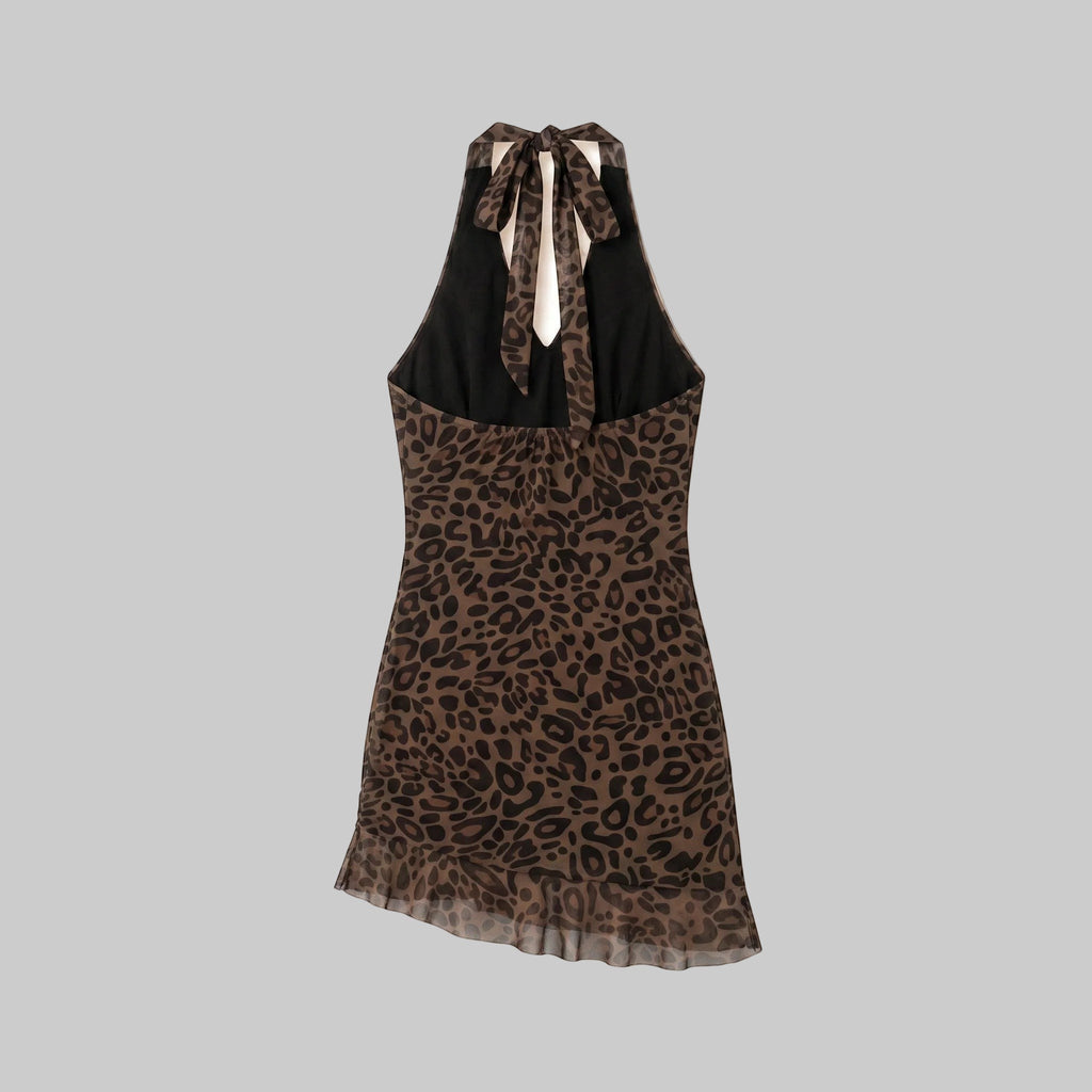 Leopard Print Halter Neck Ruffle Mini Dress