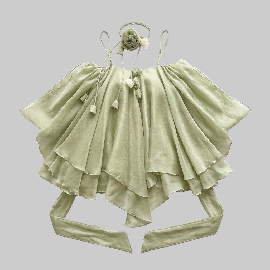 Light green ruffle mini dress with cold-shoulder sleeves, layered chiffon, and a matching 3D rose choker.