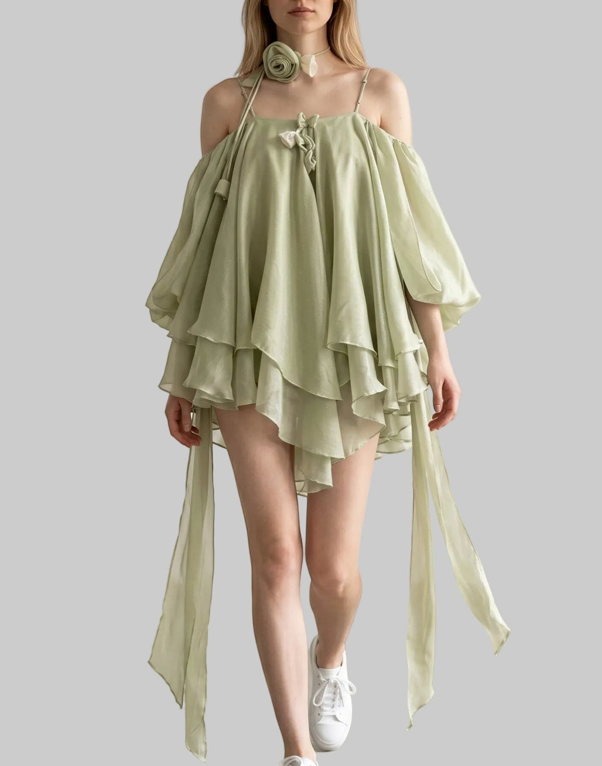 Light green ruffle mini dress with cold-shoulder sleeves, layered chiffon, and a matching 3D rose choker.