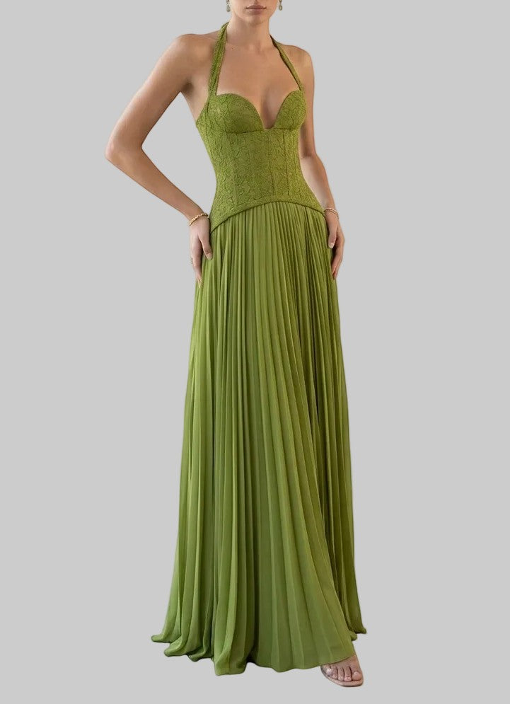 LUNRIA olive green halter maxi dress featuring a lace corset bodice, deep V neckline, open back, and flowing pleated skirt.