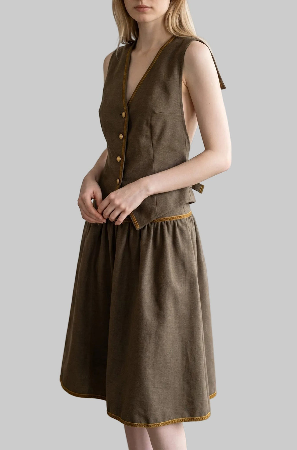 Contrast Trim Backless Linen Vest & Skirt Set