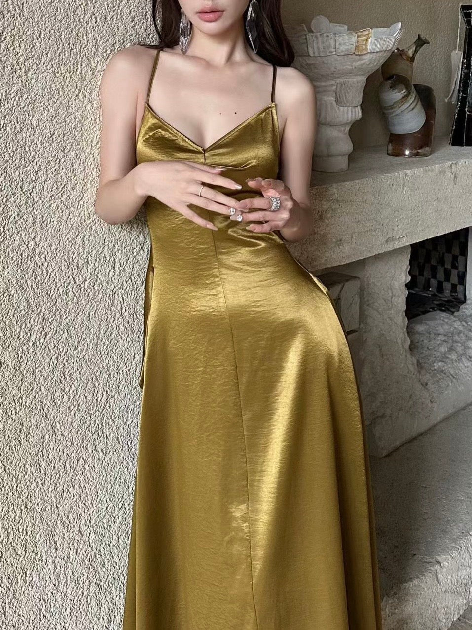 Luxe Olive Satin V-Neck Pleated-Back Slip Dress