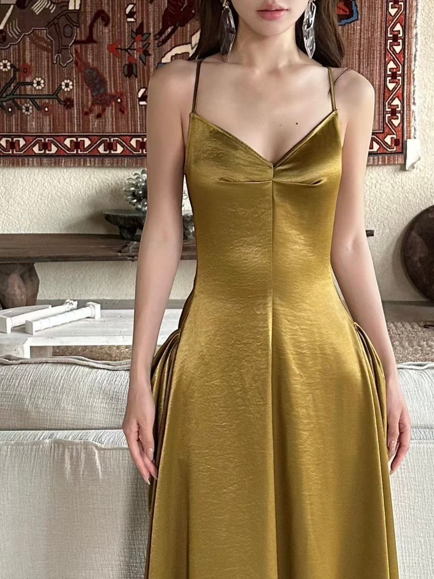 Luxe Olive Satin V-Neck Pleated-Back Slip Dress