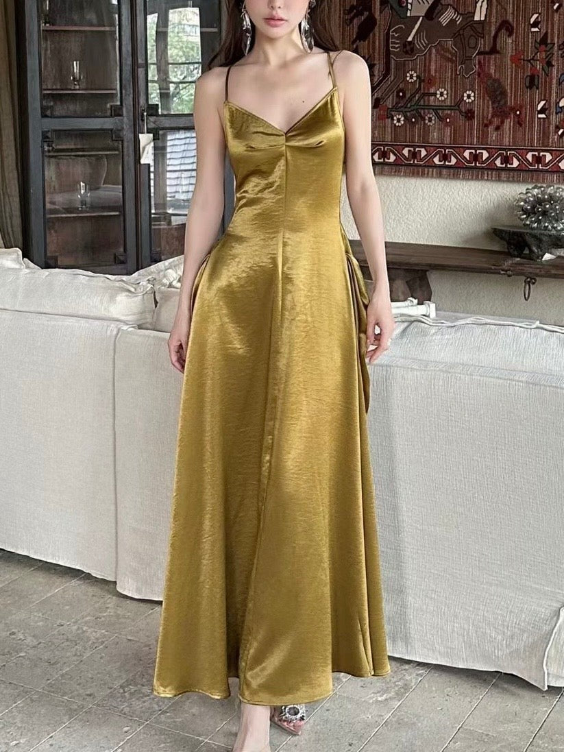 Luxe Olive Satin V-Neck Pleated-Back Slip Dress