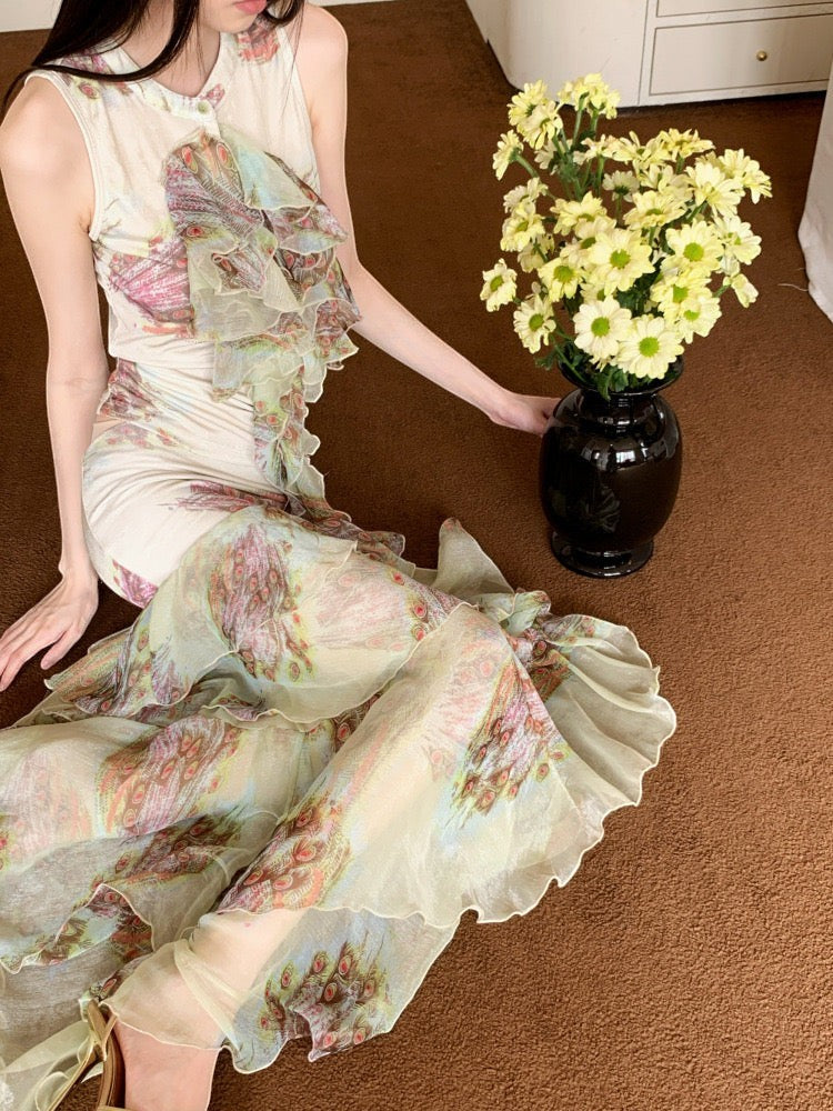 Enchanted Peacock Tiered Ruffle Maxi Skirt