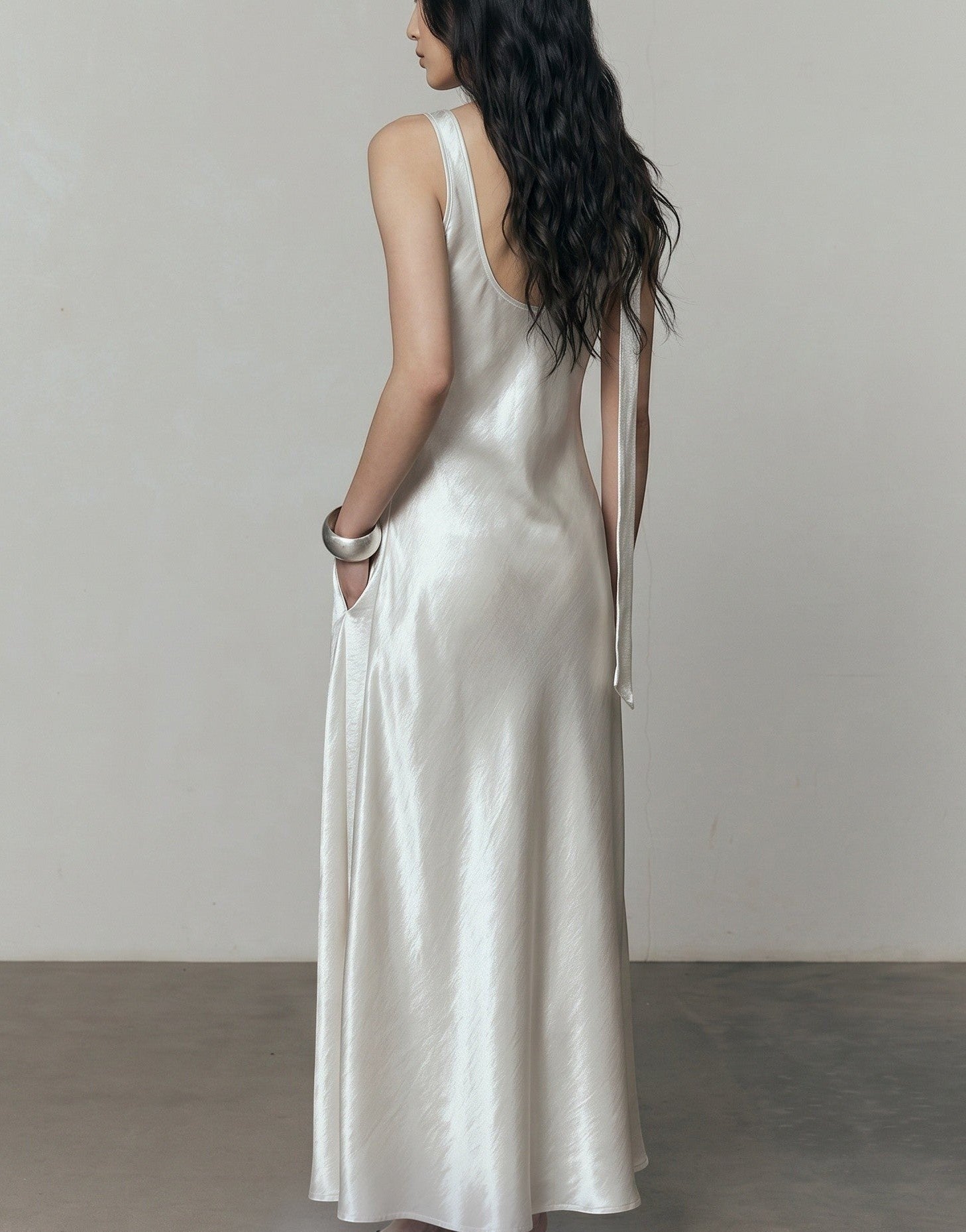 Helena Backless Satin Gown with Matching Neck Tie - Pearl White