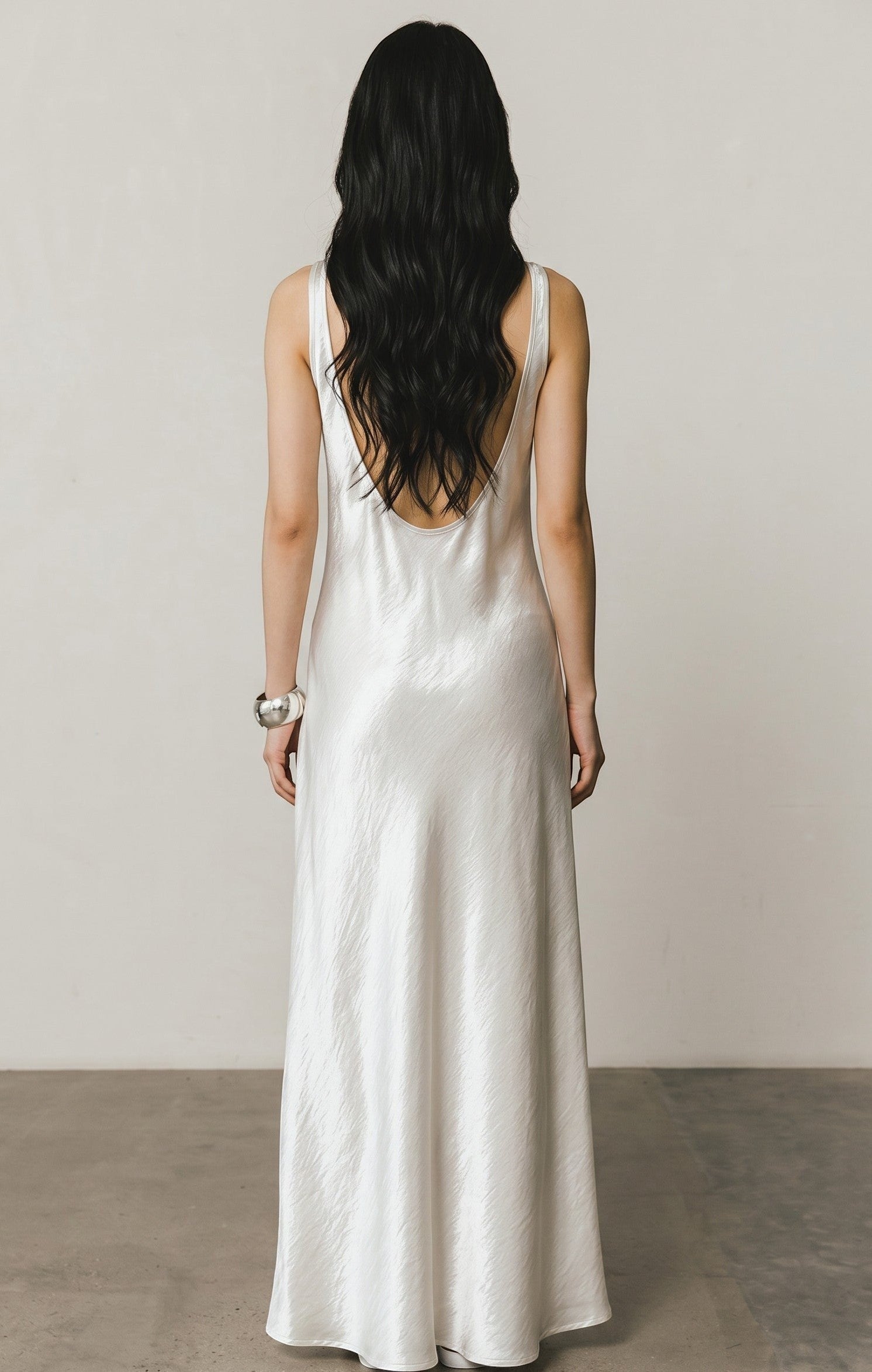 Helena Backless Satin Gown with Matching Neck Tie - Pearl White