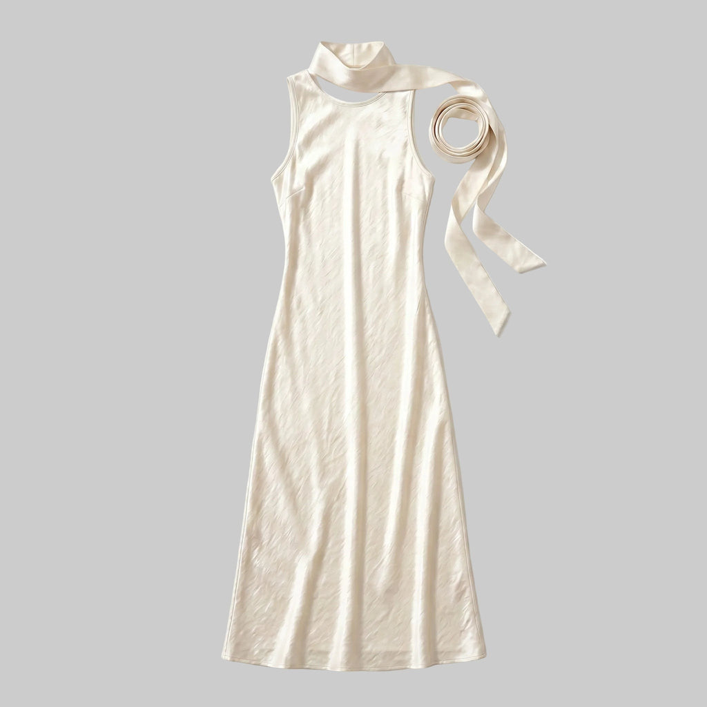 Helena Backless Satin Gown with Matching Neck Tie - Pearl White