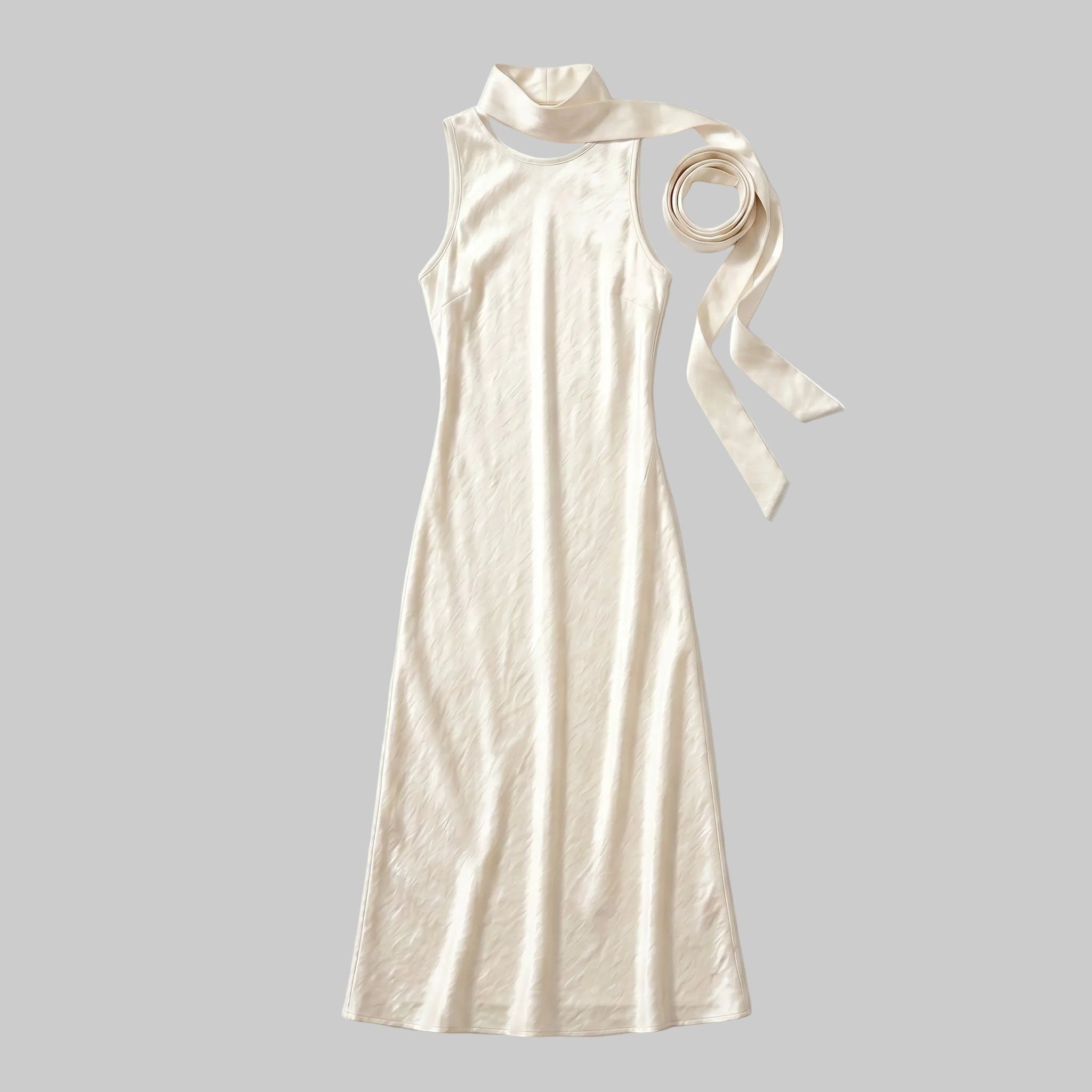 Helena Backless Satin Gown with Matching Neck Tie - Pearl White