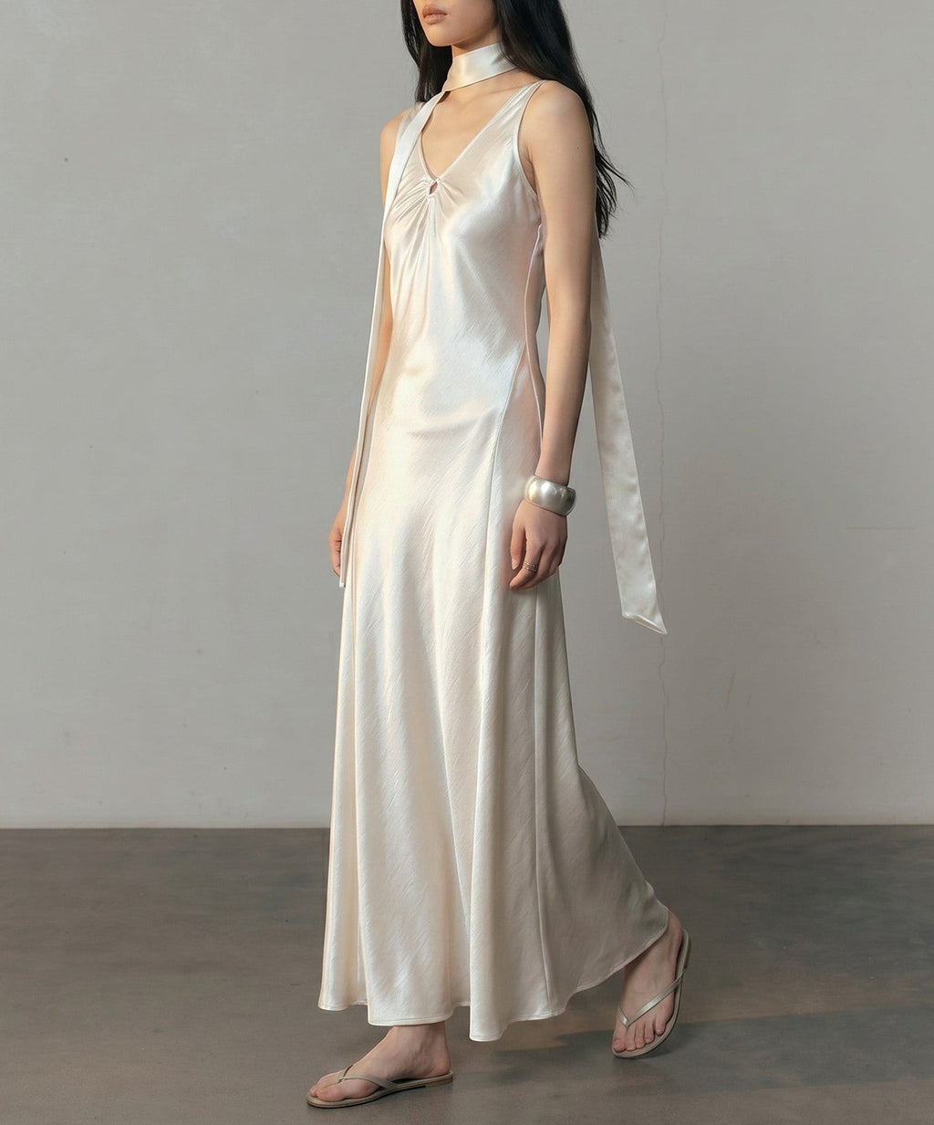 Helena Backless Satin Gown with Matching Neck Tie - Pearl White