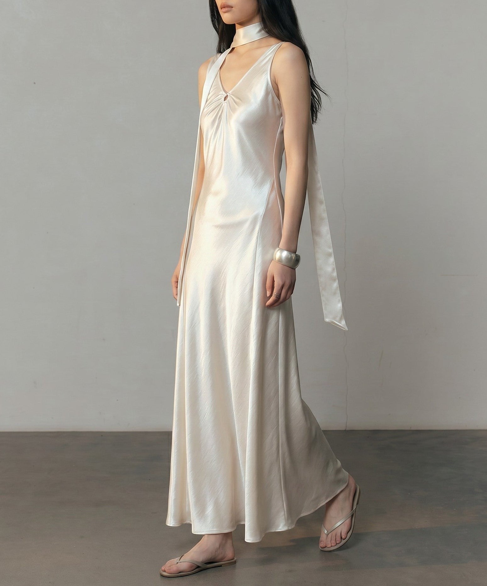 Helena Backless Satin Gown with Matching Neck Tie - Pearl White
