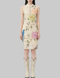 LUNRIA floral peony print qipao midi dress with a sleeveless mandarin collar, traditional frog-button details, and a fitted silhouette.