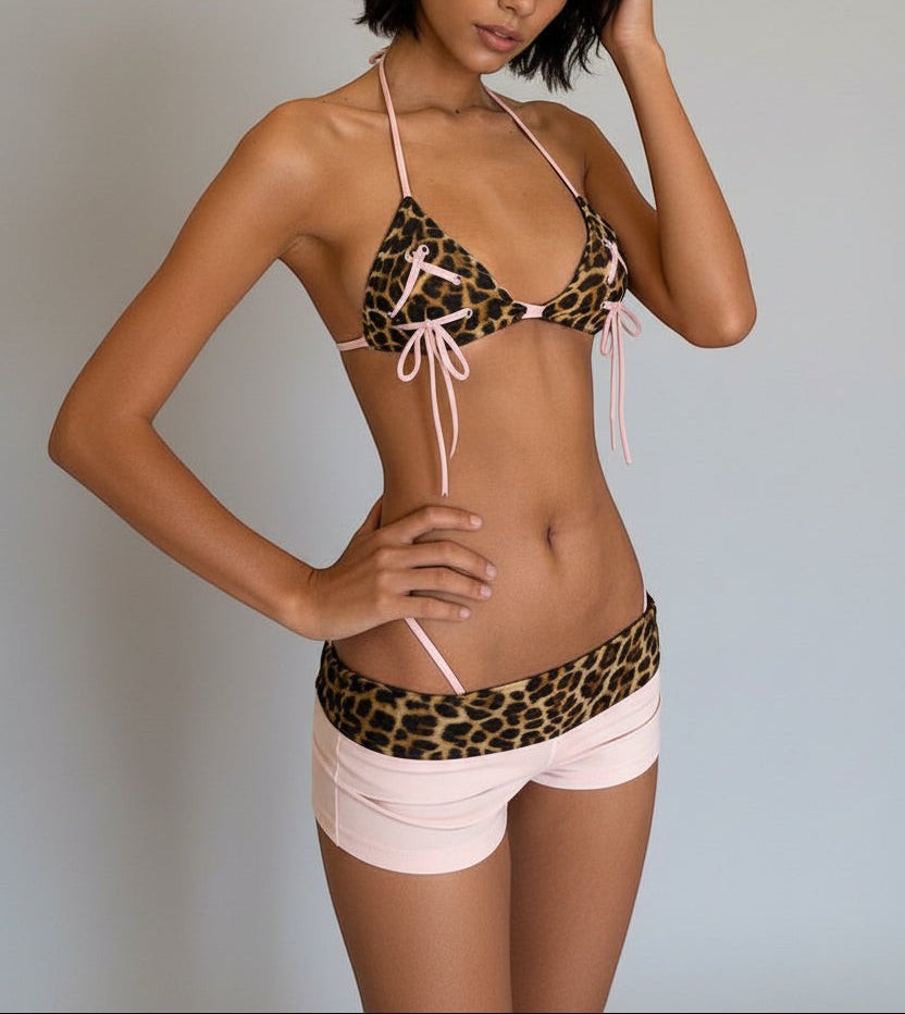 Pink Leopard Bow Coquette Bikini Set