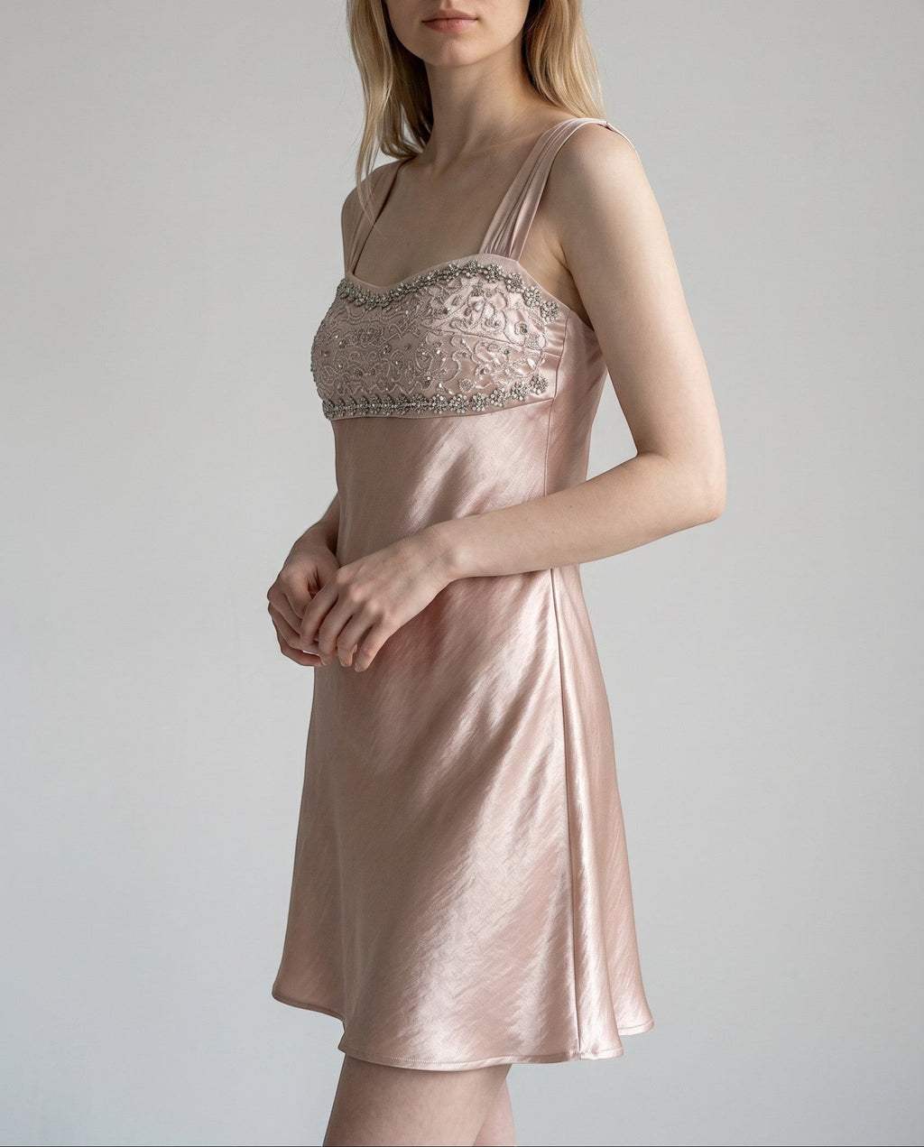 Vintage Beaded Satin Slip Dress with Sequined Bust