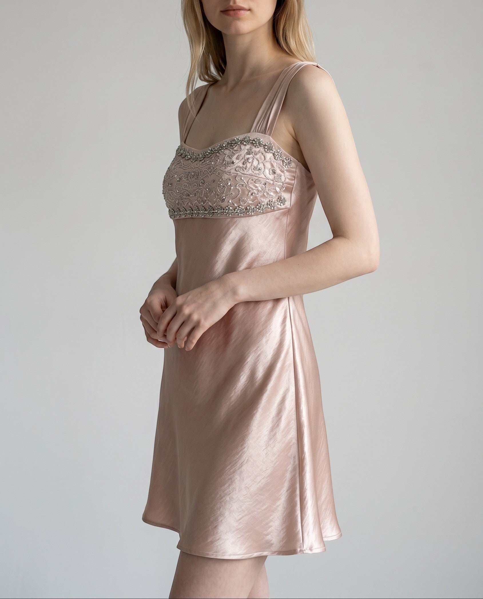 Vintage Beaded Satin Slip Dress with Sequined Bust