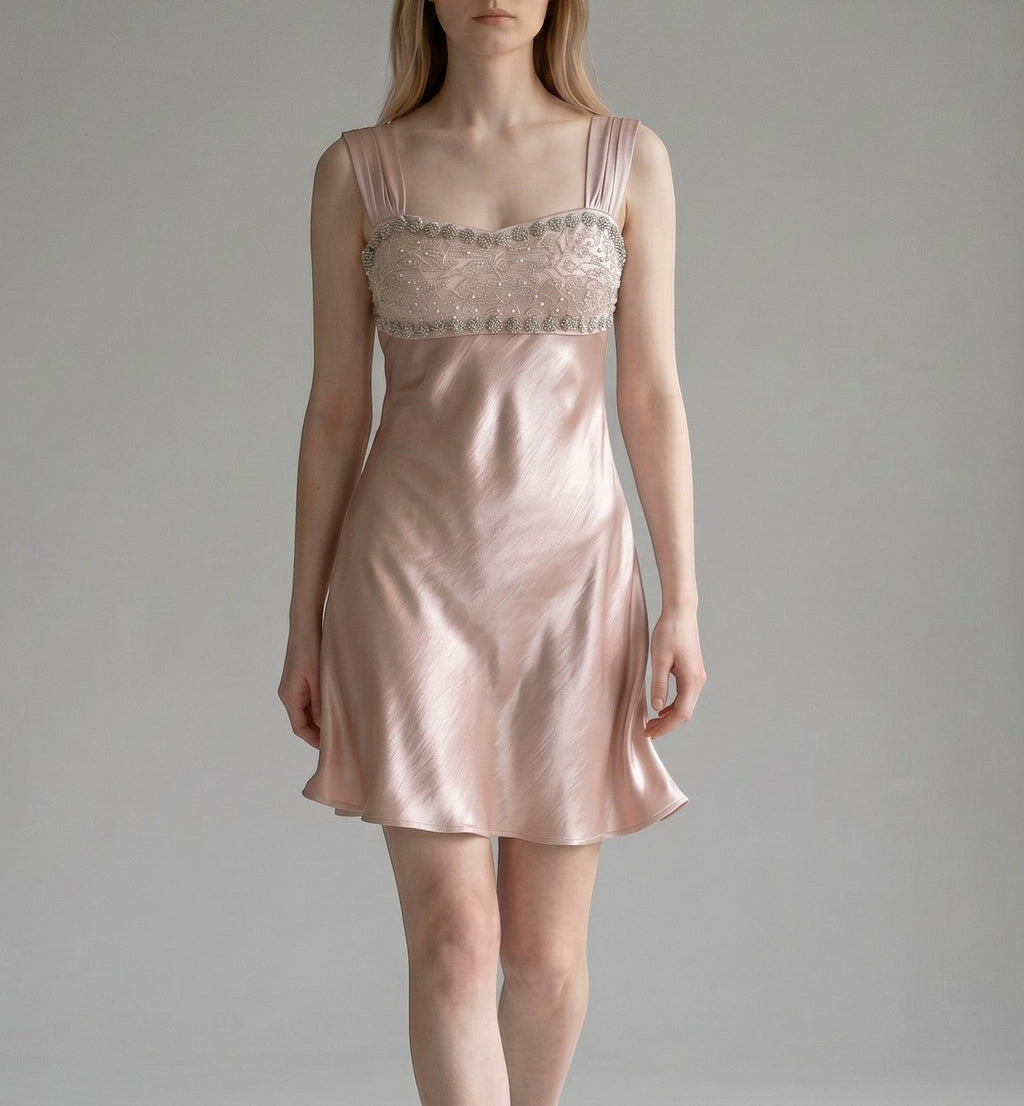 Vintage Beaded Satin Slip Dress with Sequined Bust