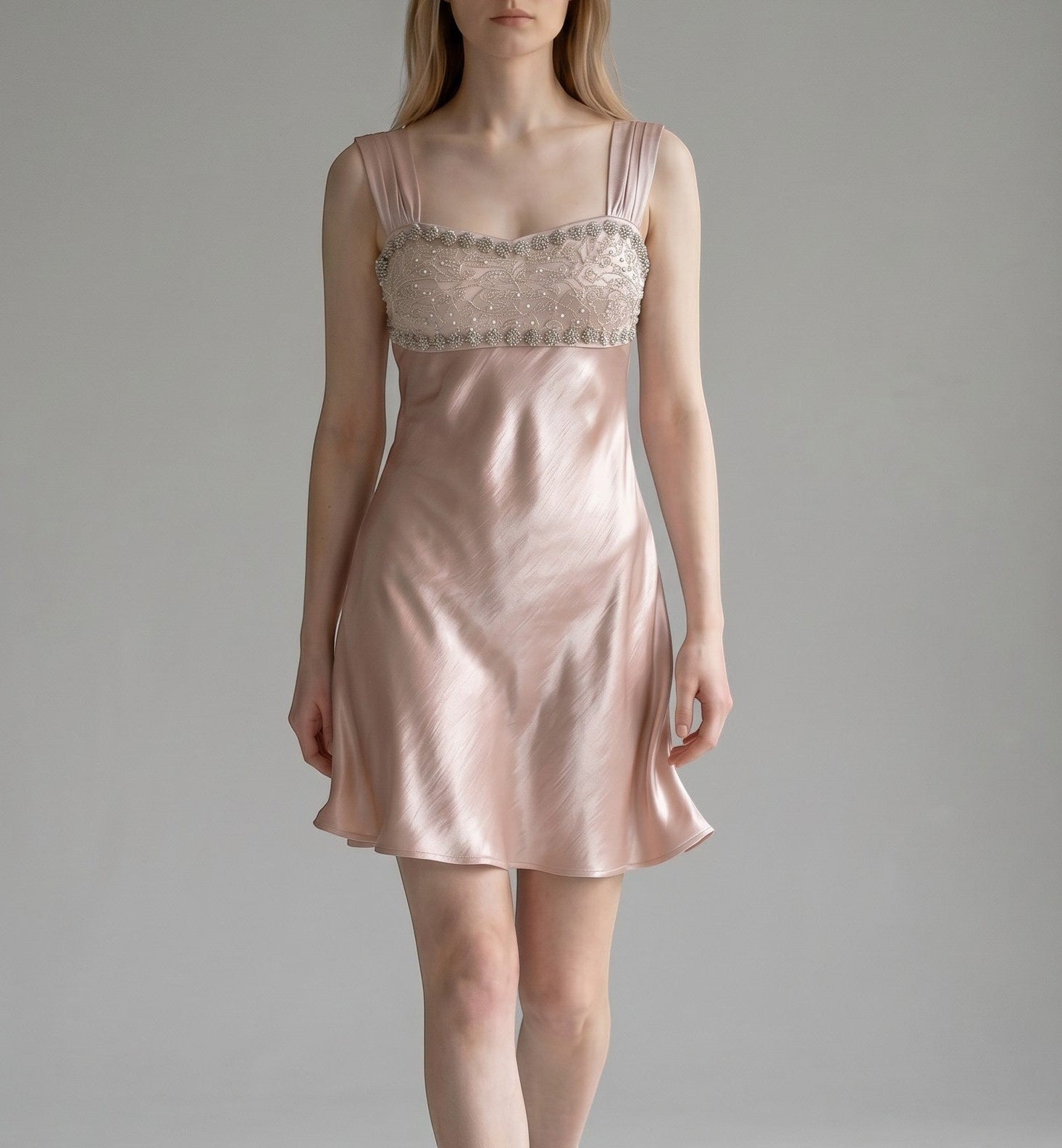Vintage Beaded Satin Slip Dress with Sequined Bust
