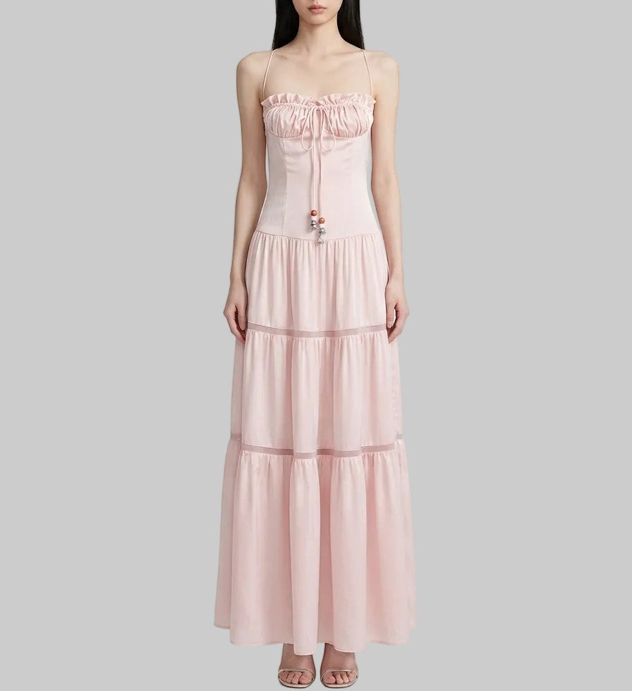 Coquette Pink Satin Slip Dress - Pastel Fairycore Tiered Maxi