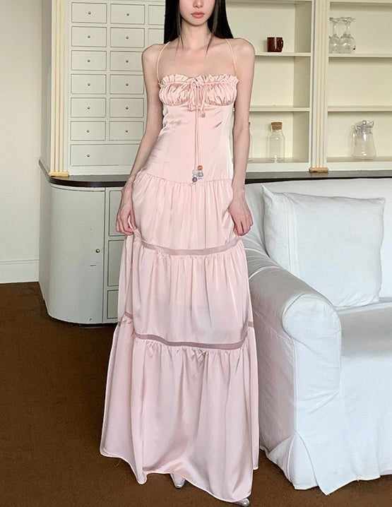 Coquette Pink Satin Slip Dress - Pastel Fairycore Tiered Maxi