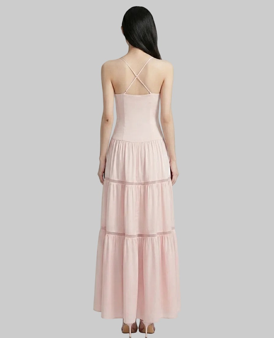 Coquette Pink Satin Slip Dress - Pastel Fairycore Tiered Maxi