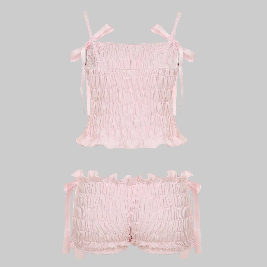 Pink Smocked Coquette Ribbon Bow Two-Piece Set