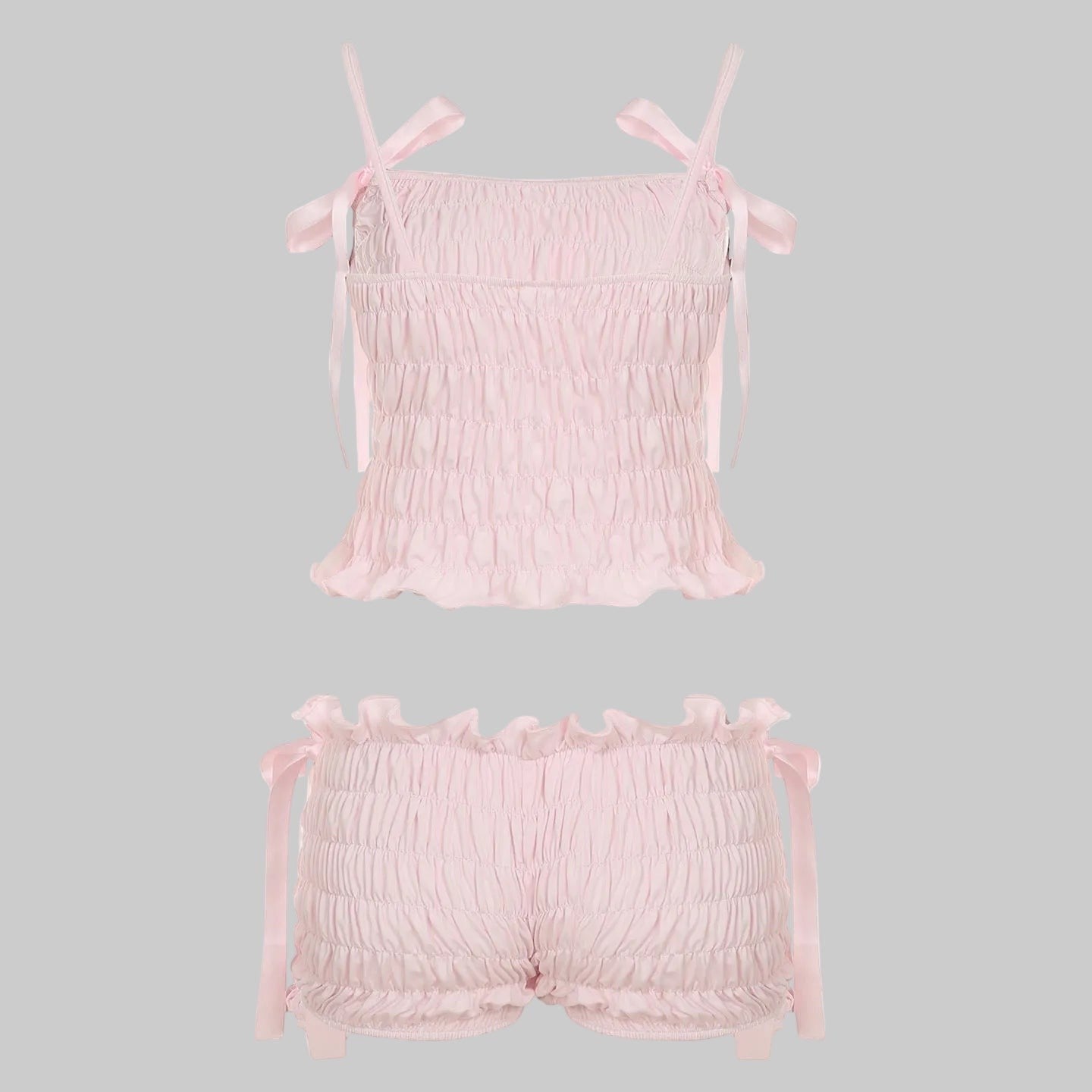 Pink Smocked Coquette Ribbon Bow Two-Piece Set