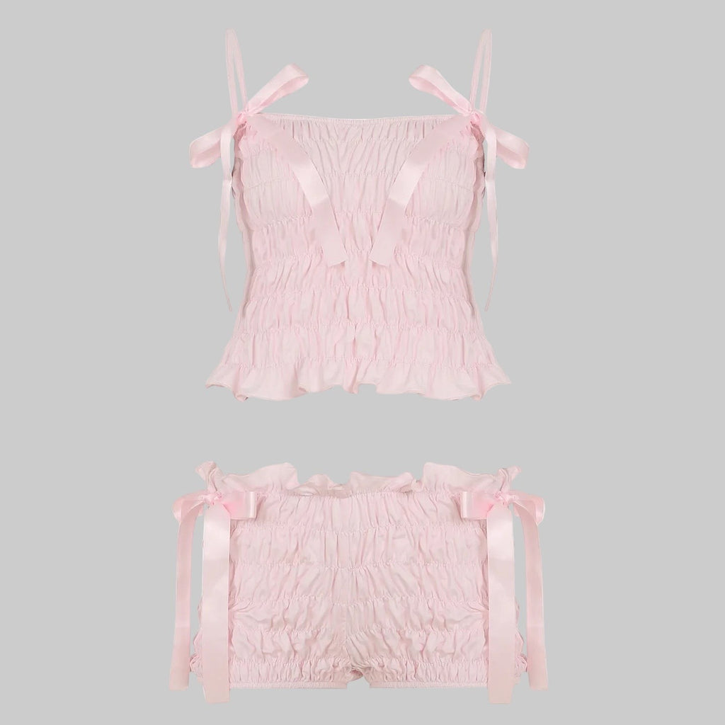 Pink Smocked Coquette Ribbon Bow Two-Piece Set