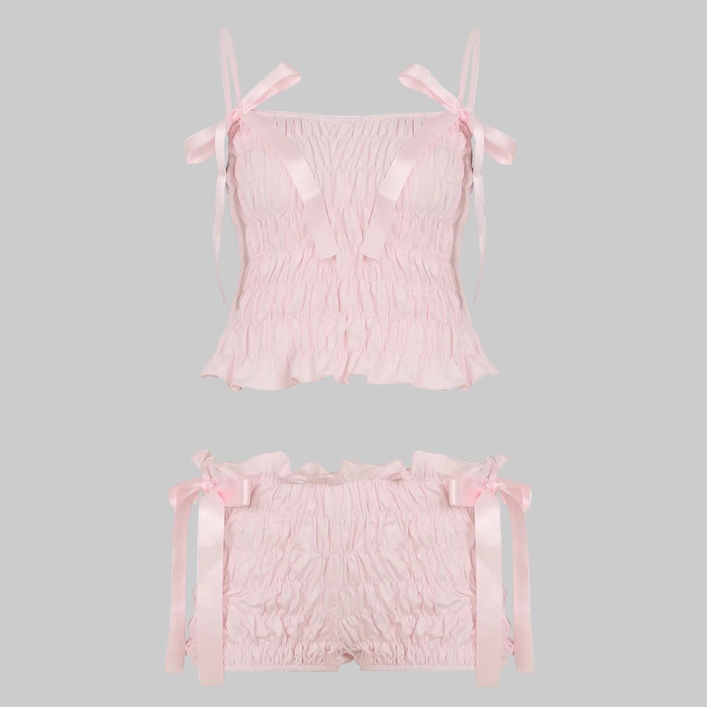 Pink Smocked Coquette Ribbon Bow Two-Piece Set