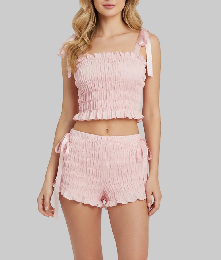Pink Smocked Coquette Ribbon Bow Two-Piece Set