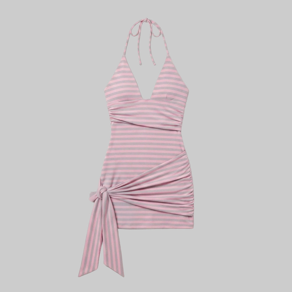 Y2K Ruched Backless Halter Dress with Sash