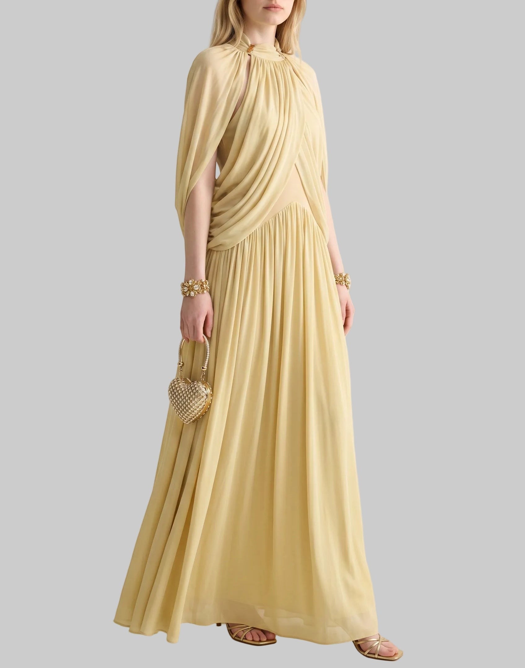 Athena Pleated Halter Maxi Dress with Cape