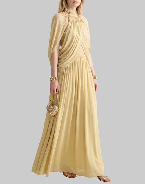 Athena Pleated Halter Maxi Dress with Cape
