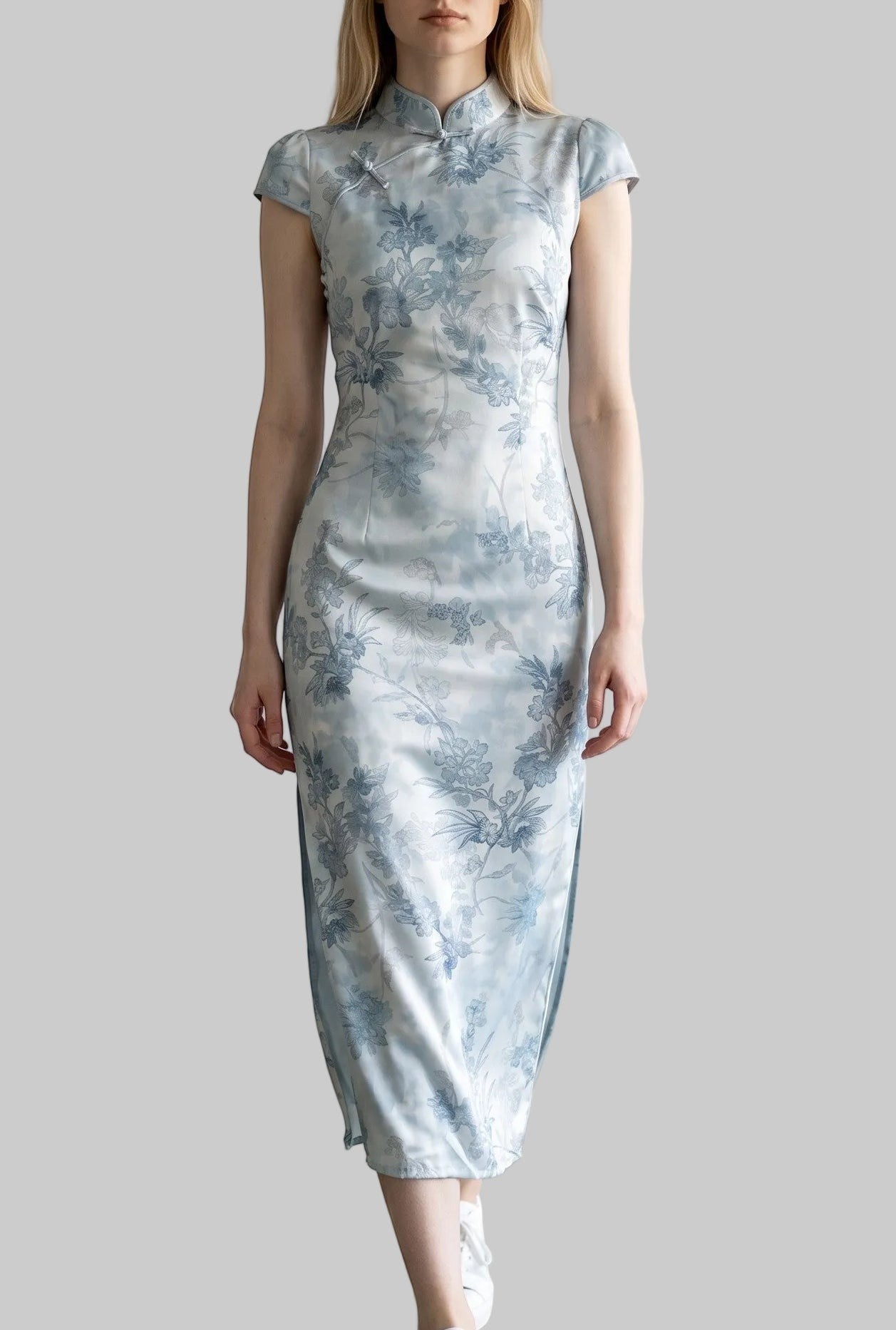 Porcelain Blue Cap Sleeve Cheongsam Dress